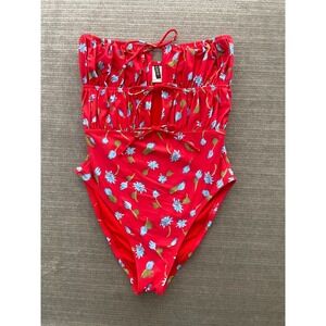 J CREW Swimsuit Women 4 Red Floral Ruched Cut Out Strapless  One Piece Vacation